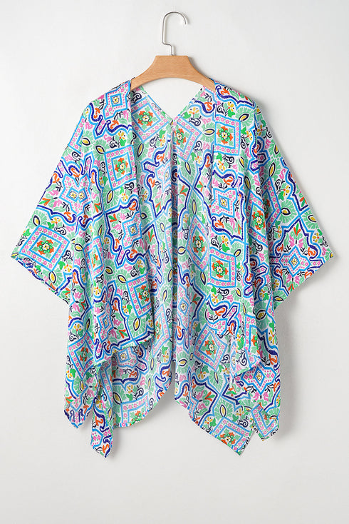 White Boho Floral Printed Rhinestone 3/4 Sleeve Open Front Kimono